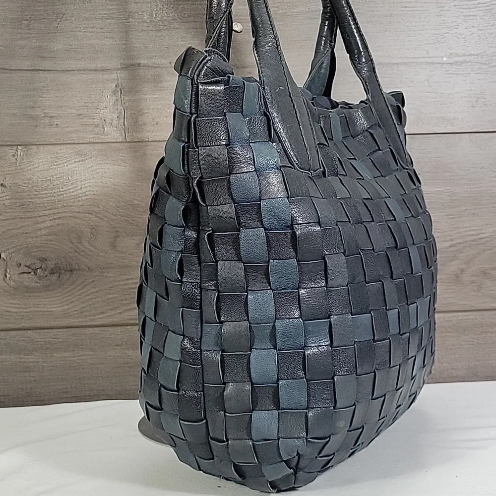 Monserat de Lucca for Anthropologie Blue Woven Leather Tote Bag